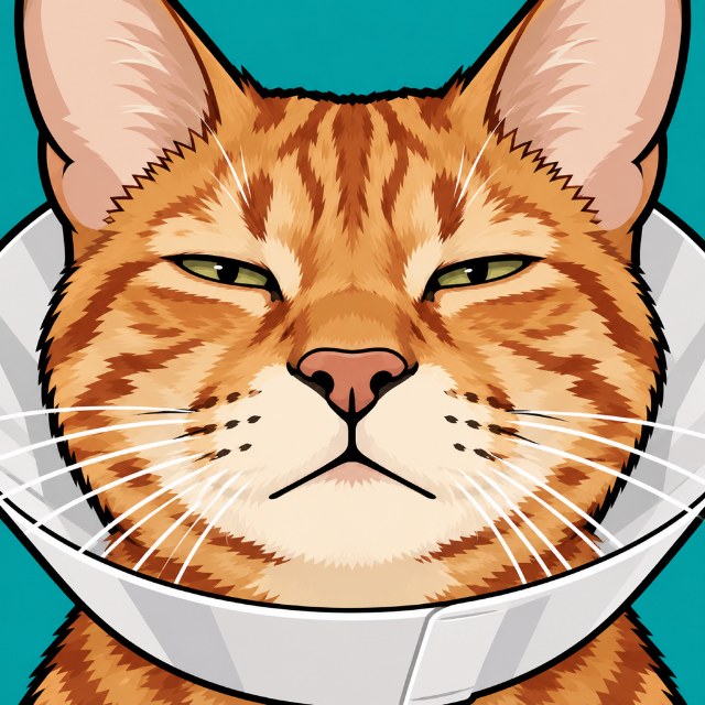 An orange tabby cat in a white vet cone, unimpressed.